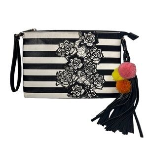 Like Dreams Floral Striped Wristlet Purse Pouch Fringe‎ Pom Pom Black White